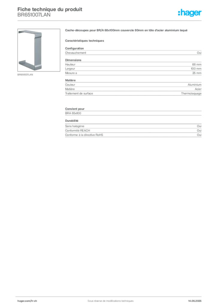 Image Hager Fiche technique du produit BR651007LAN | Hager Suisse
