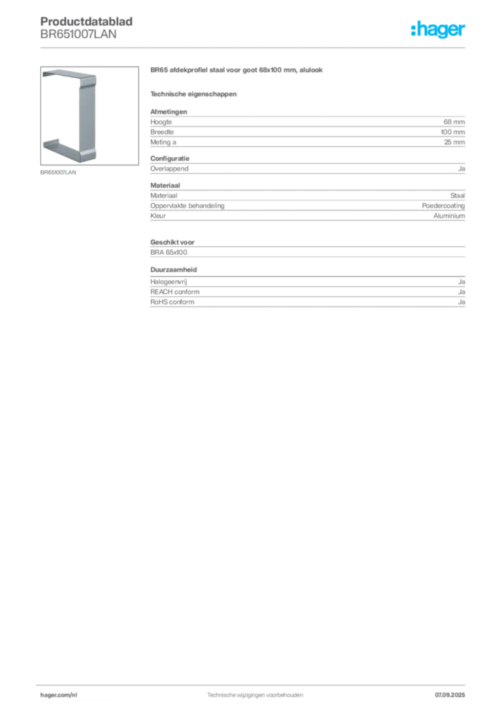 Afbeelding Hager Productdatablad BR651007LAN | Hager Nederland