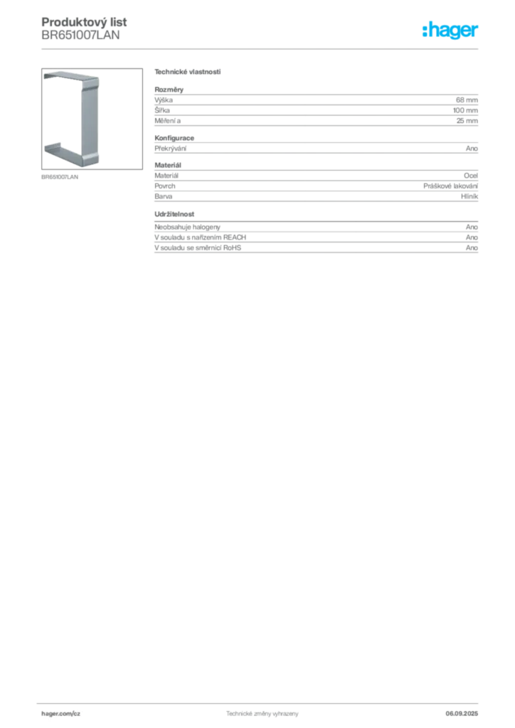 Obrázek Hager Produktový list BR651007LAN | Hager