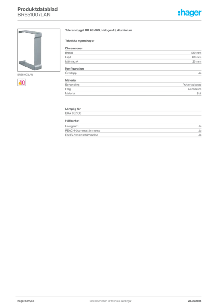 Bild Hager Produktdatablad BR651007LAN | Hager Sverige