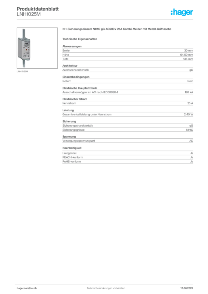 Bild Hager Produktdatenblatt LNH1025M | Hager Schweiz