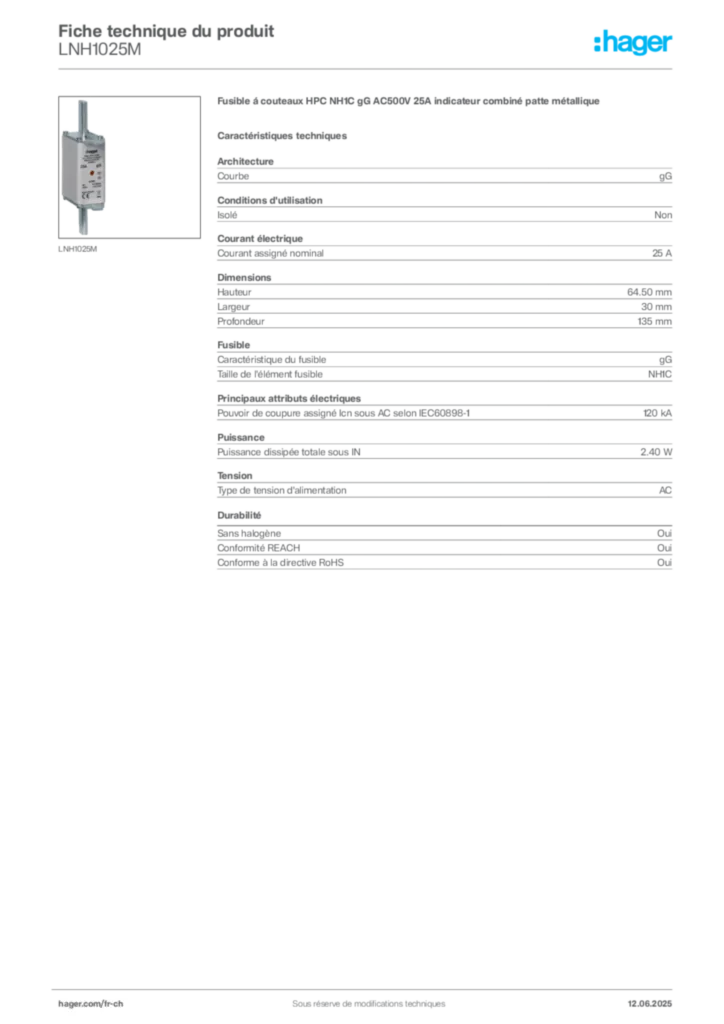 Image Hager Fiche technique du produit LNH1025M | Hager Suisse