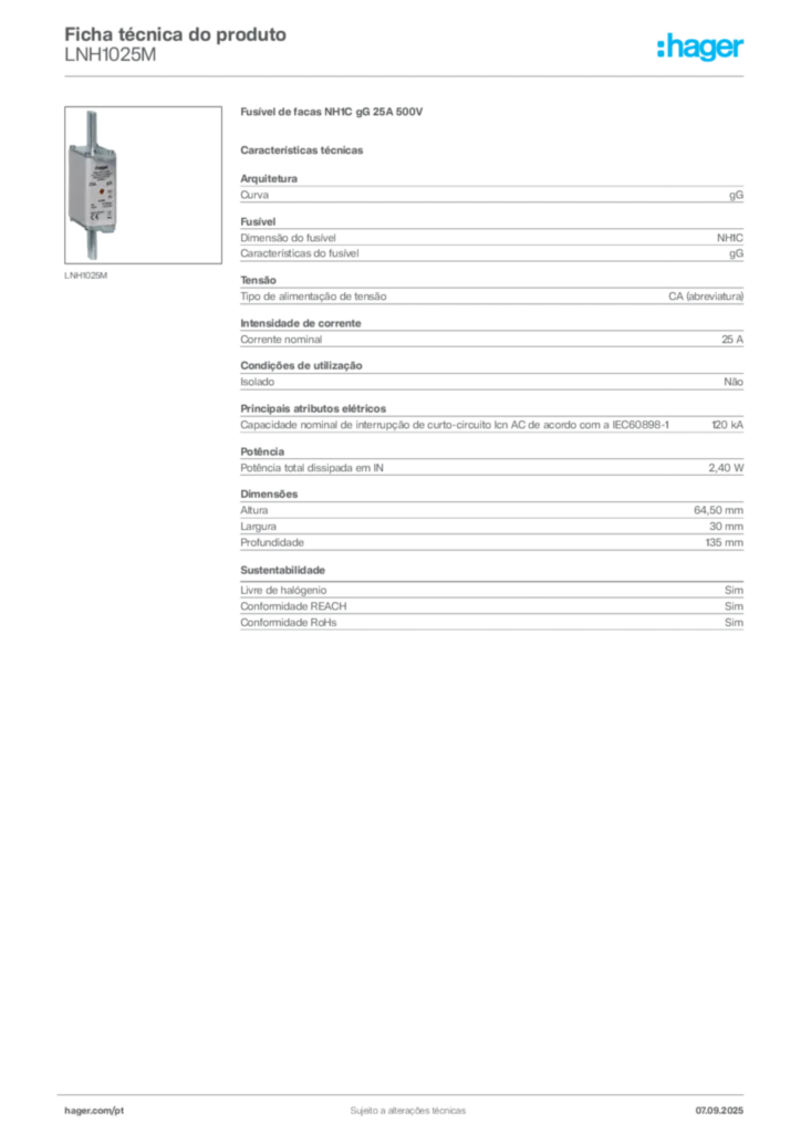 Imagem Hager Ficha técnica do produto LNH1025M | Hager Portugal