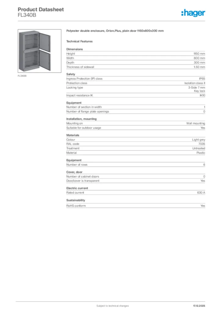 Image Hager Product data sheet FL340B  | Hager Africa