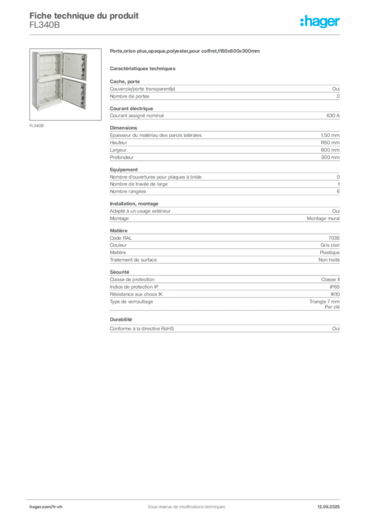 Image Hager Fiche technique du produit FL340B | Hager Suisse