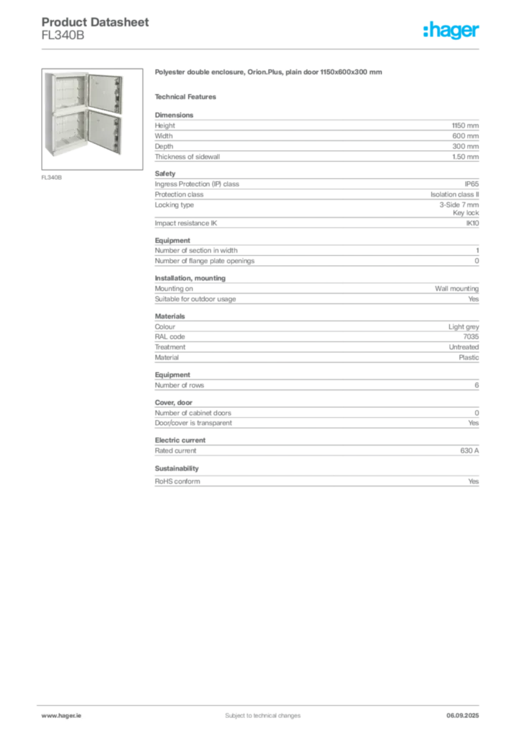 Image Hager Product data sheet FL340B  | Hager