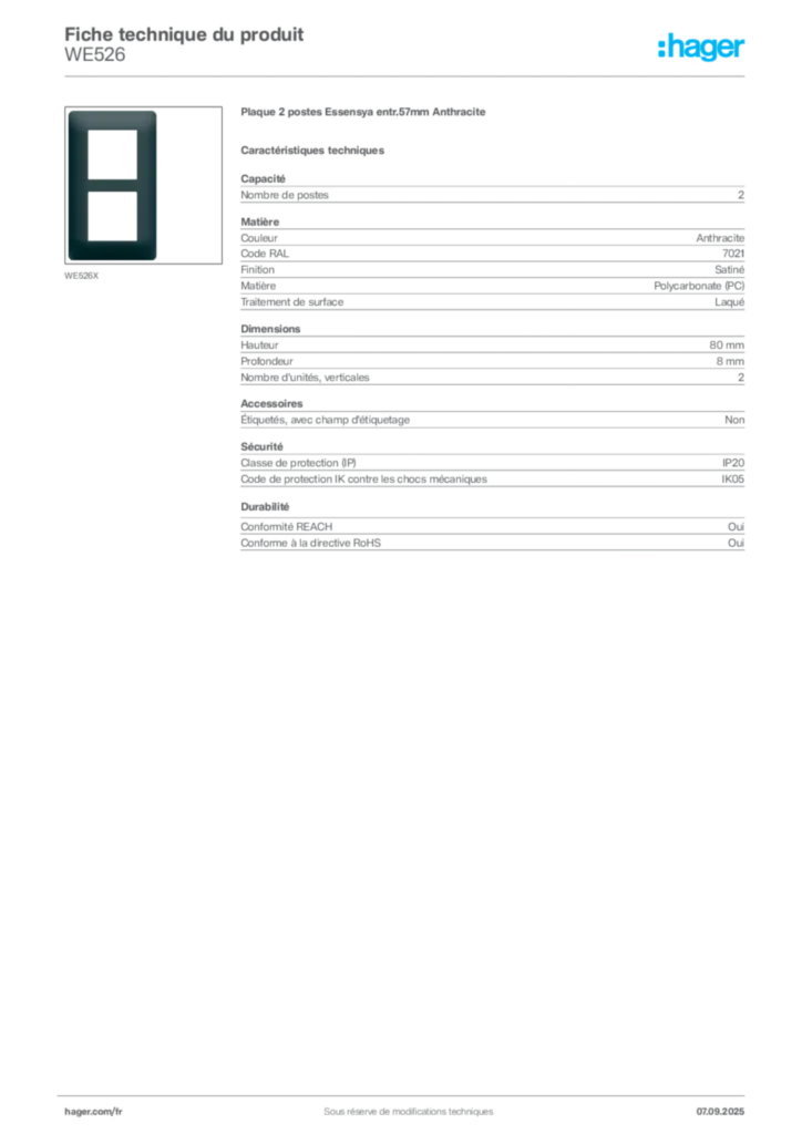 Image Hager Fiche technique du produit WE526 | Hager France