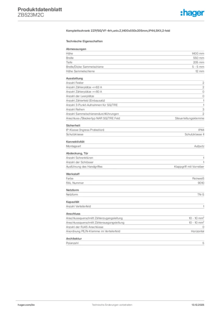 Bild Hager Produktdatenblatt ZB523M2C | Hager Deutschland