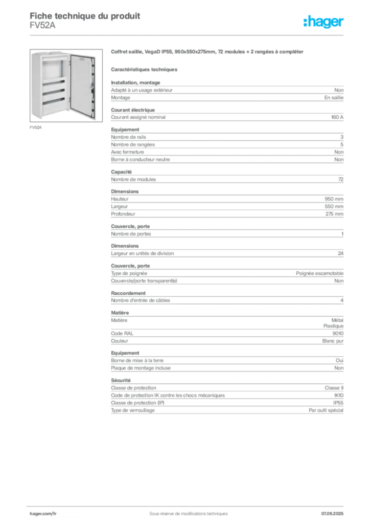 Image Hager Fiche technique du produit FV52A | Hager France
