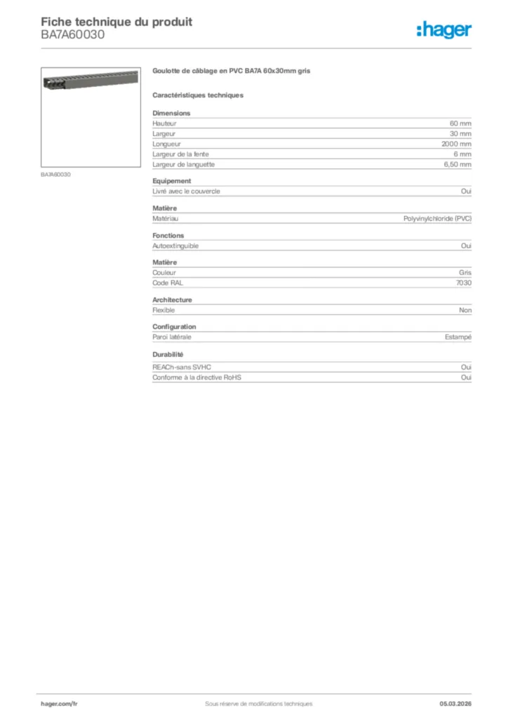Image Hager Fiche technique du produit BA7A60030 | Hager France