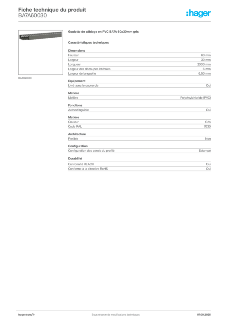Image Hager Fiche technique du produit BA7A60030 | Hager France