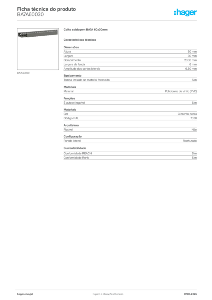 Imagem Hager Ficha técnica do produto BA7A60030 | Hager Portugal