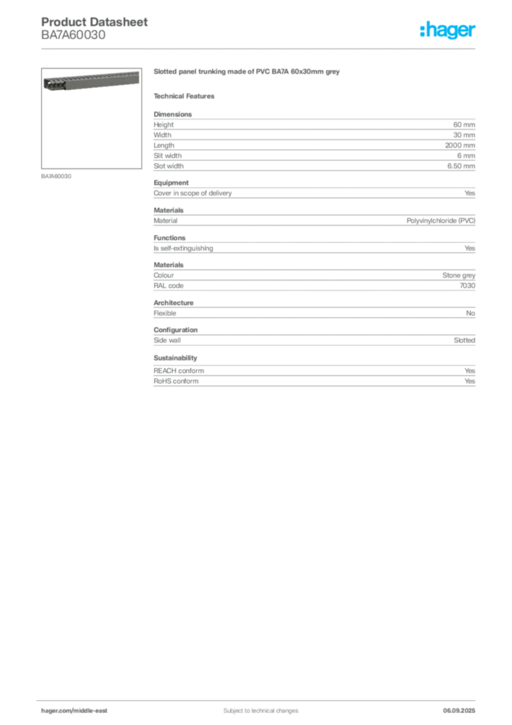 Image Hager Product data sheet BA7A60030  | Hager