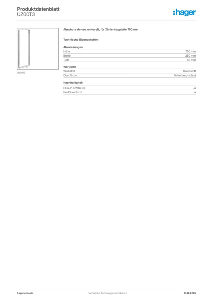 Hager Produktdatenblatt UZ00T3