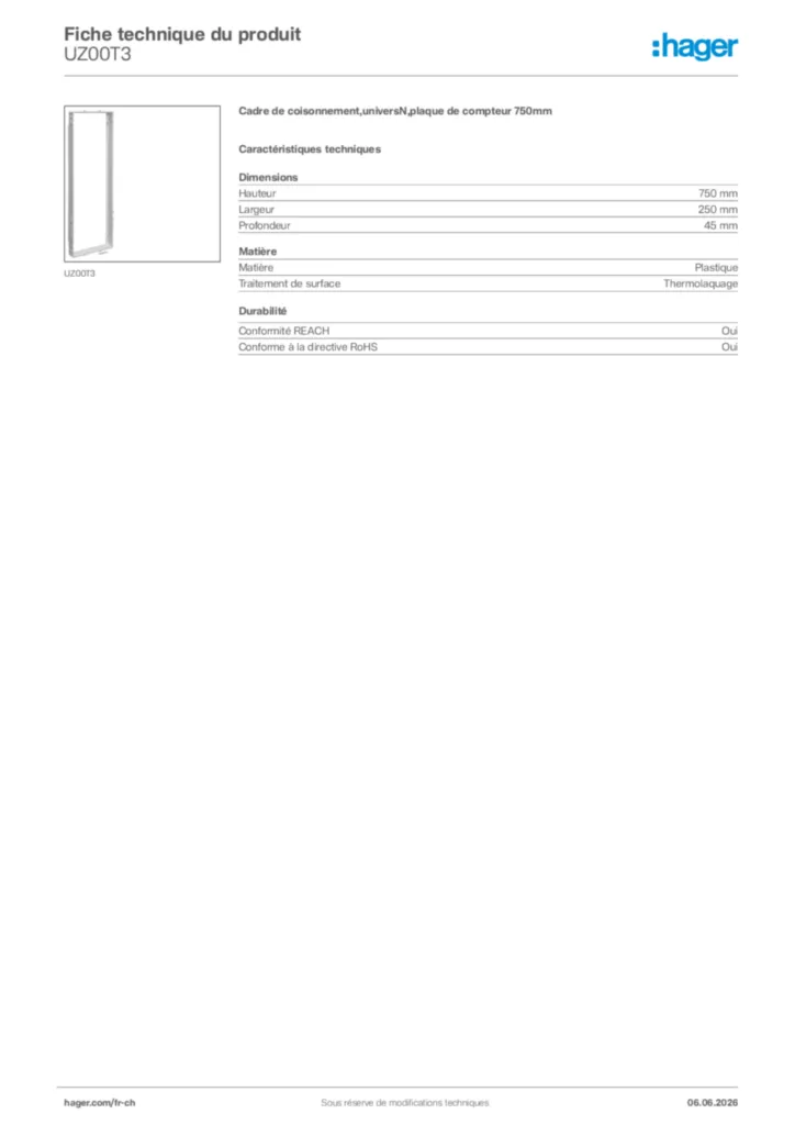 Image Hager Fiche technique du produit UZ00T3 | Hager Suisse