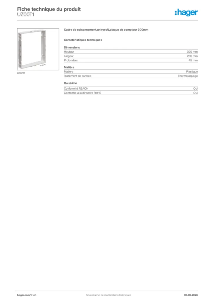Image Hager Fiche technique du produit UZ00T1 | Hager Suisse
