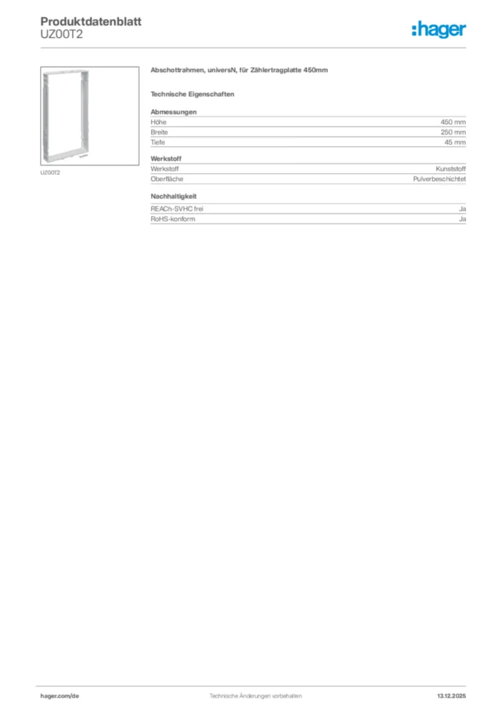 Hager Produktdatenblatt UZ00T2