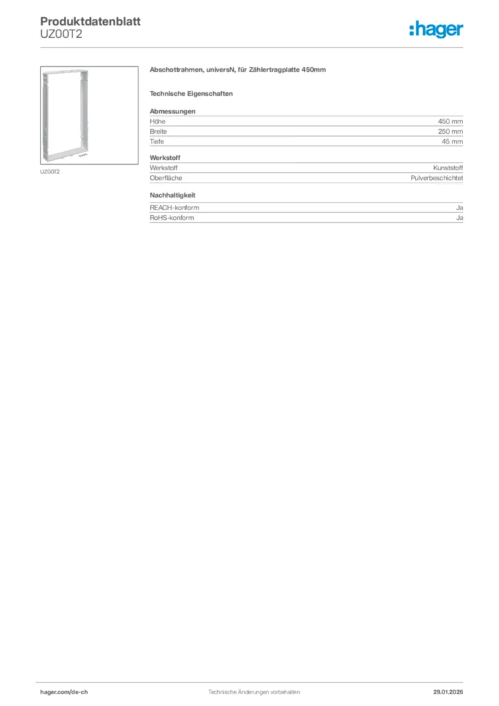 Bild Hager Produktdatenblatt UZ00T2 | Hager Schweiz