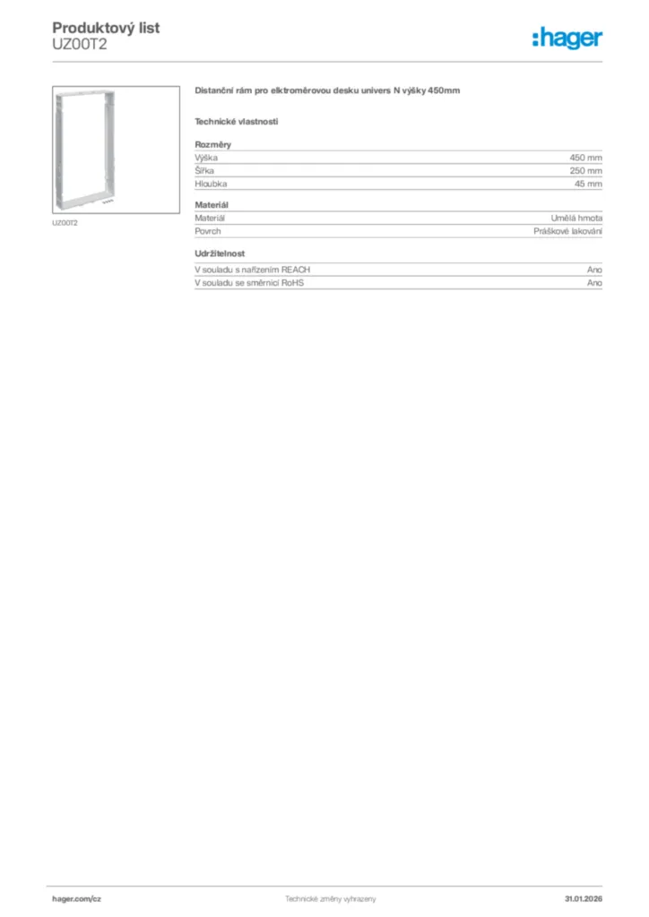 Obrázek Hager Product data sheet UZ00T2 | Hager
