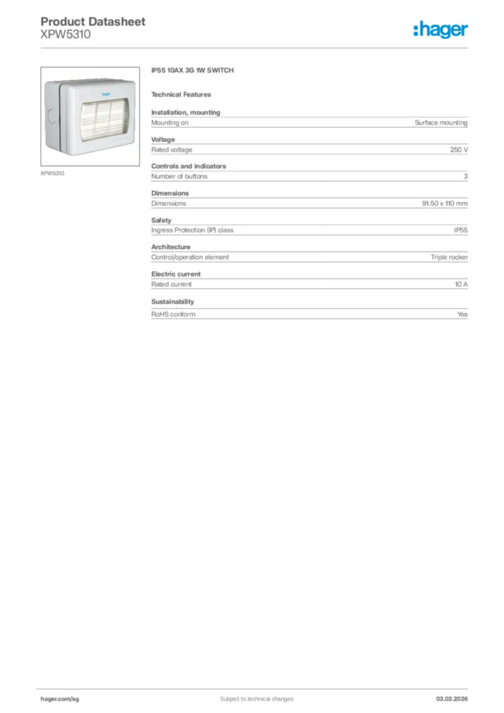 Image Hager Product data sheet XPW5310  | Hager