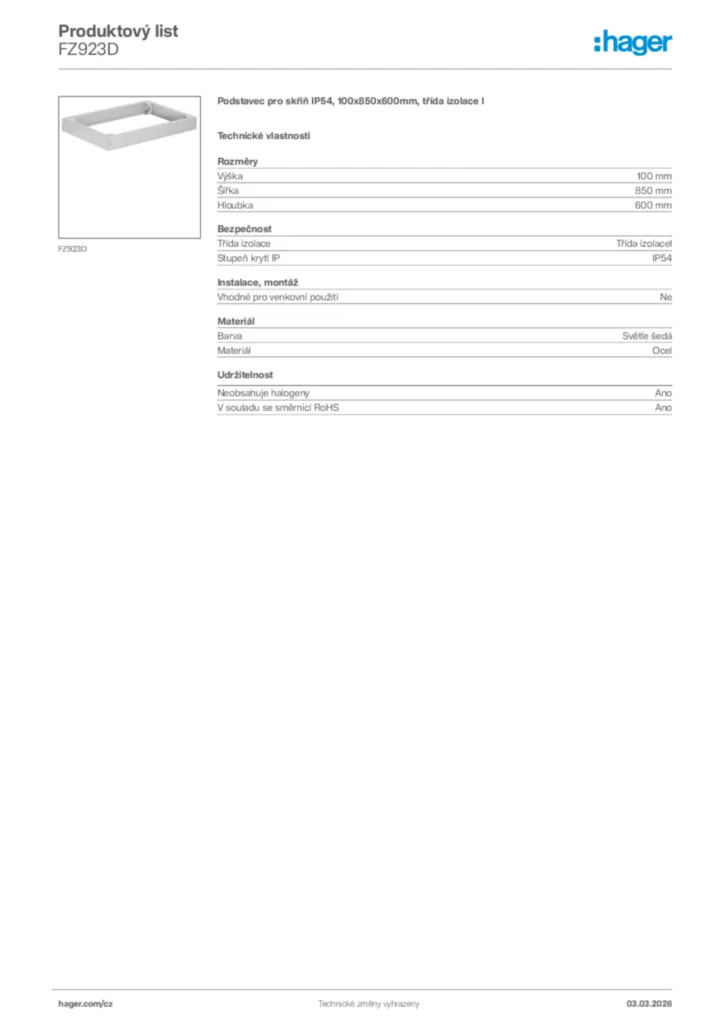 Obrázek Hager Product data sheet FZ923D | Hager