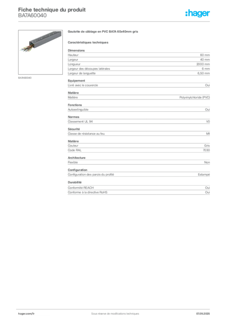 Image Hager Fiche technique du produit BA7A60040 | Hager France