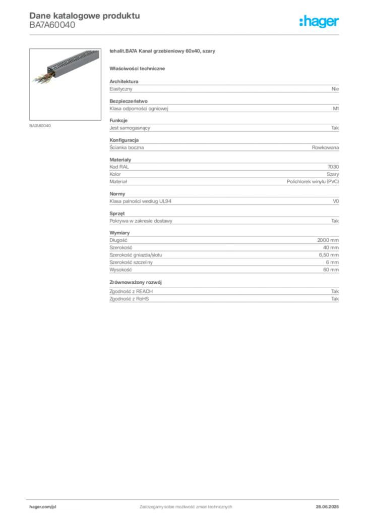 Zdjęcie Hager Karta katalogowa BA7A60040 | Hager Polska