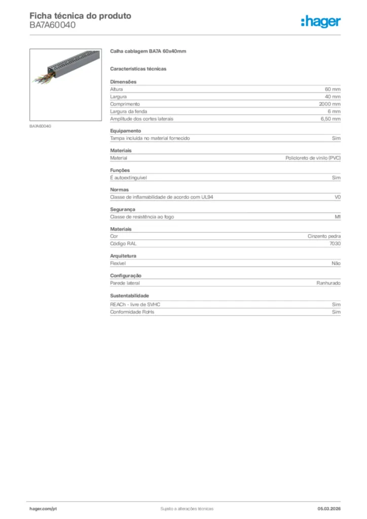 Imagem Hager Ficha técnica do produto BA7A60040 | Hager Portugal