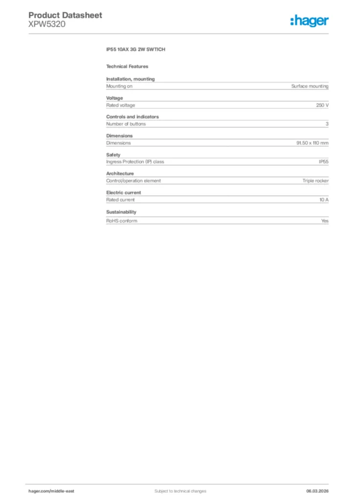 Image Hager Product data sheet XPW5320  | Hager