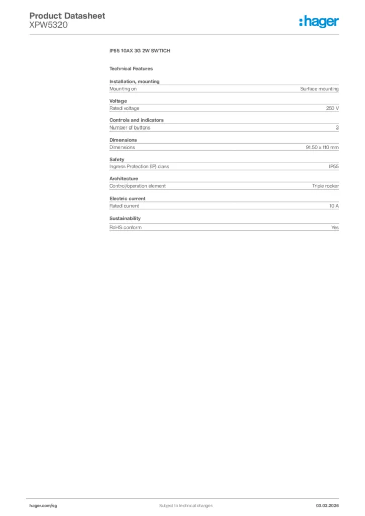 Image Hager Product data sheet XPW5320  | Hager