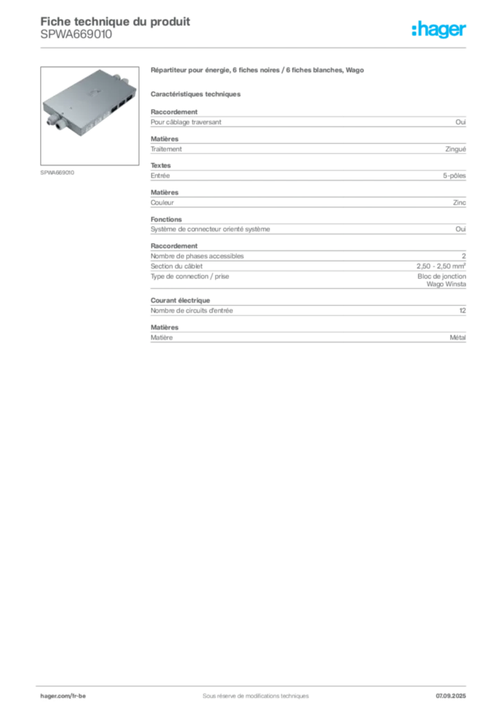 Image Hager Fiche technique du produit SPWA669010 | Hager Belgique