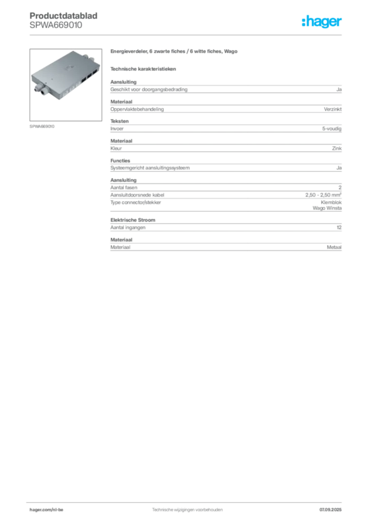 Afbeelding Hager Productdatablad SPWA669010 | Hager Belgium