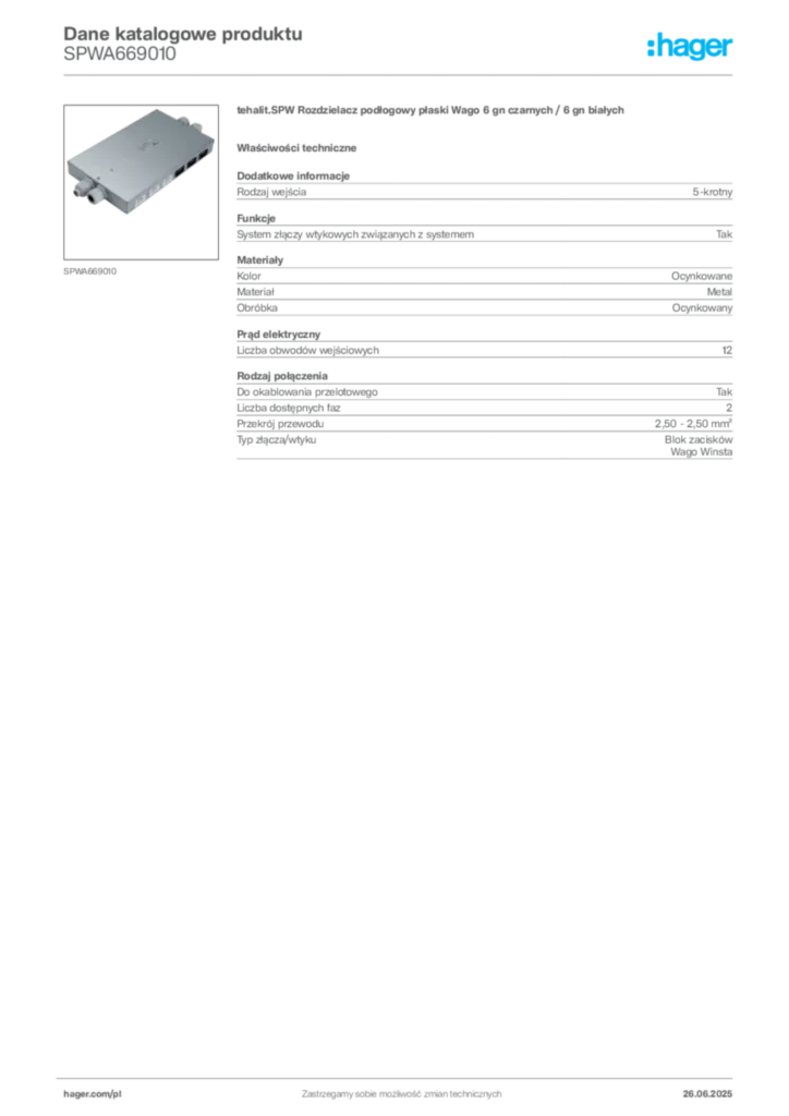 Zdjęcie Hager Karta katalogowa SPWA669010 | Hager Polska