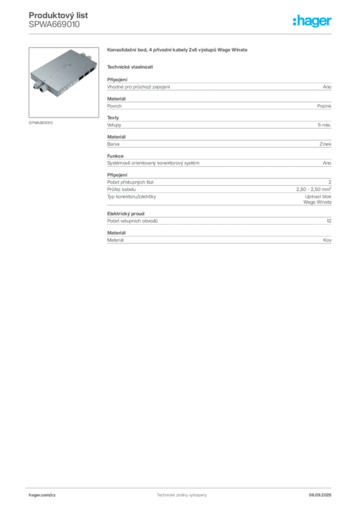 Obrázek Hager Produktový list SPWA669010 | Hager
