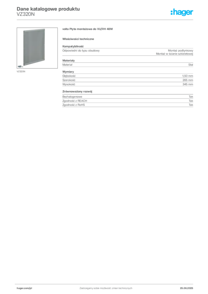 Zdjęcie Hager Karta katalogowa VZ320N | Hager Polska
