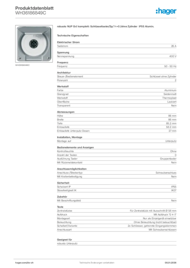 Bild Hager Produktdatenblatt WH36186849C | Hager Schweiz