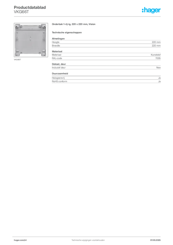 Afbeelding Hager Productdatablad VKG66T | Hager Nederland