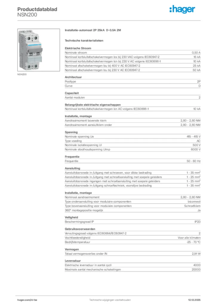 Afbeelding Hager Productdatablad NSN200 | Hager Belgium