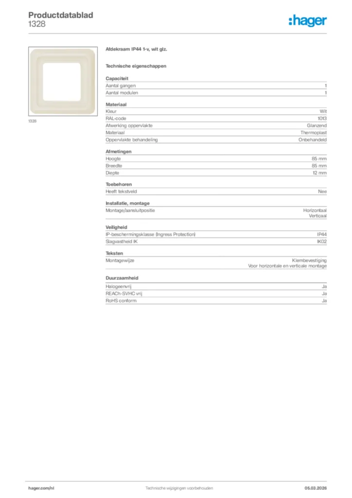 Afbeelding Hager Productdatablad 1328 | Hager Nederland