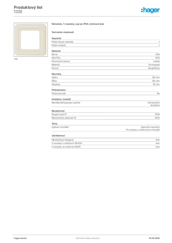 Obrázek Hager Product data sheet 1328 | Hager