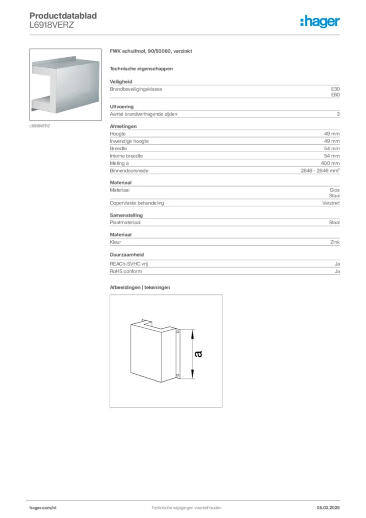 Afbeelding Hager Productdatablad L6918VERZ | Hager Nederland
