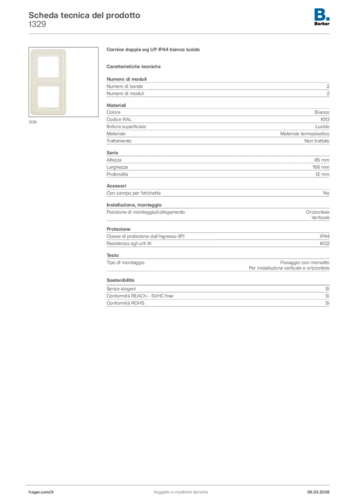 Immagine Berker Scheda tecnica del prodotto 1329 | Hager Italia