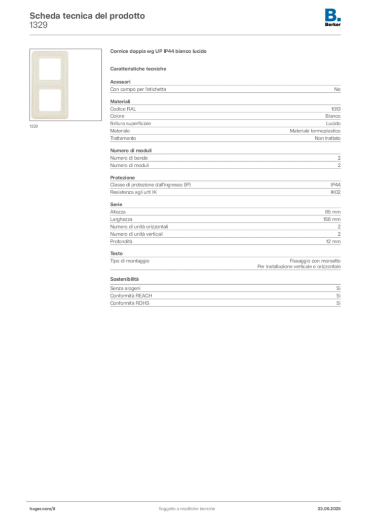 Immagine Berker Scheda tecnica del prodotto 1329 | Hager Italia