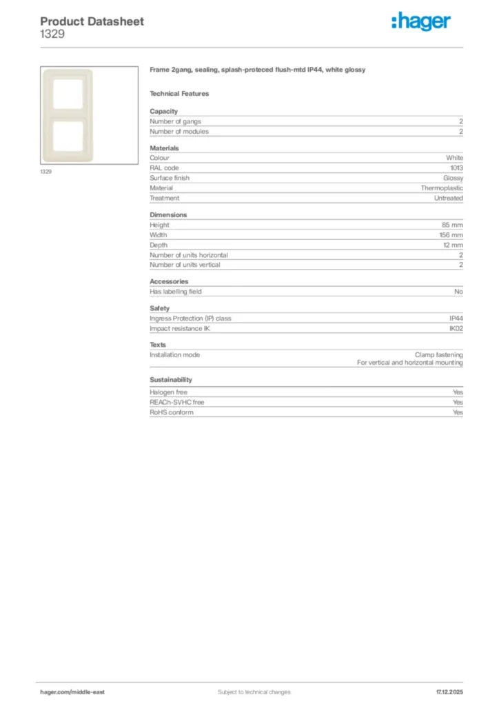 Image Hager Product data sheet 1329  | Hager