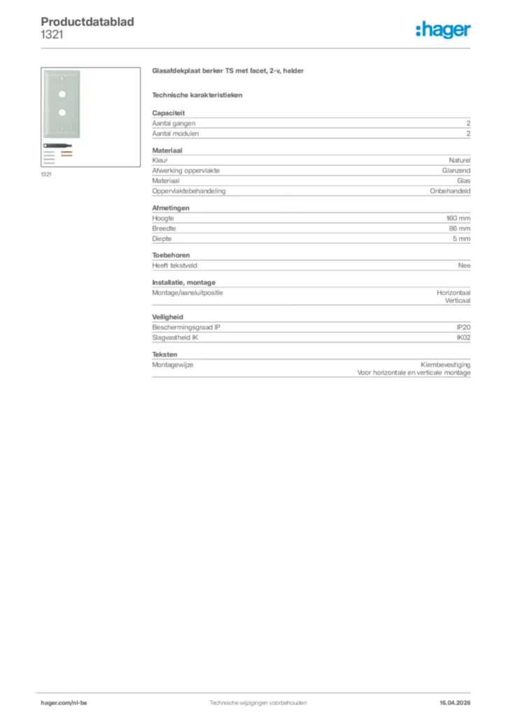 Afbeelding Hager Productdatablad 1321 | Hager Belgium