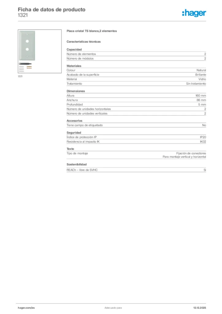 Imagen Hager Ficha de datos de producto 1321 | Hager España