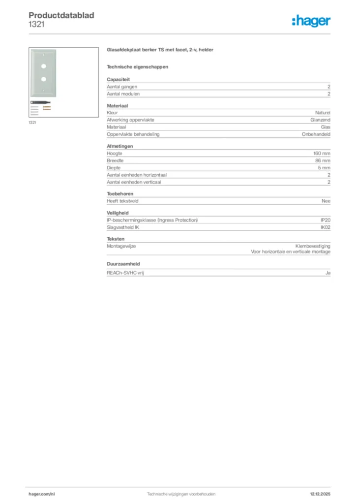 Afbeelding Hager Productdatablad 1321 | Hager Nederland