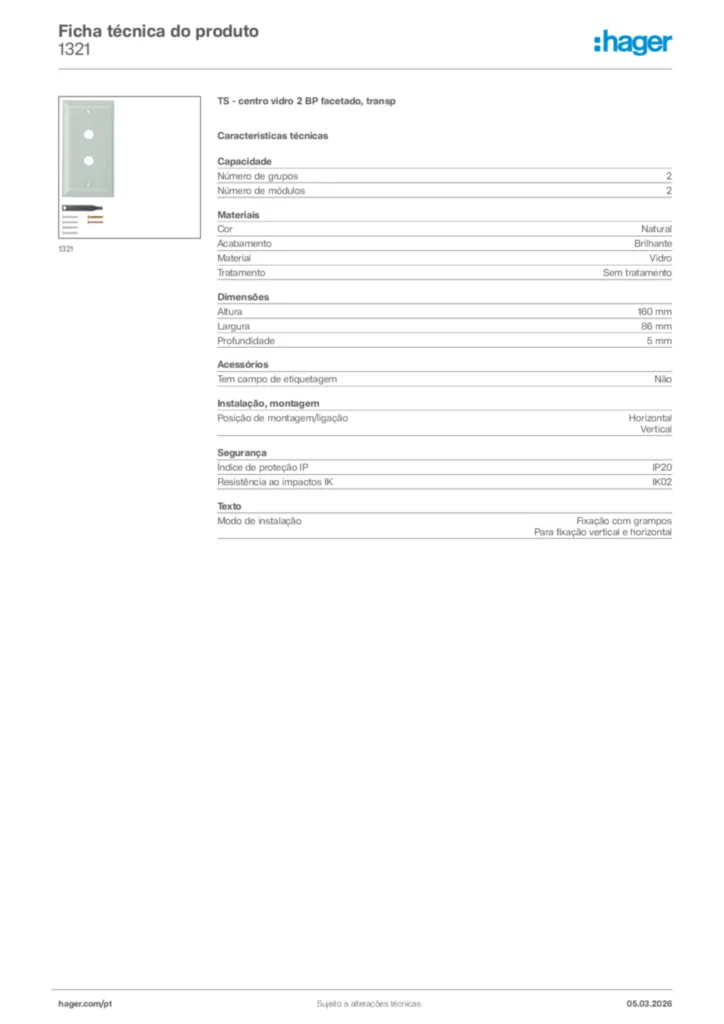 Imagem Hager Ficha técnica do produto 1321 | Hager Portugal
