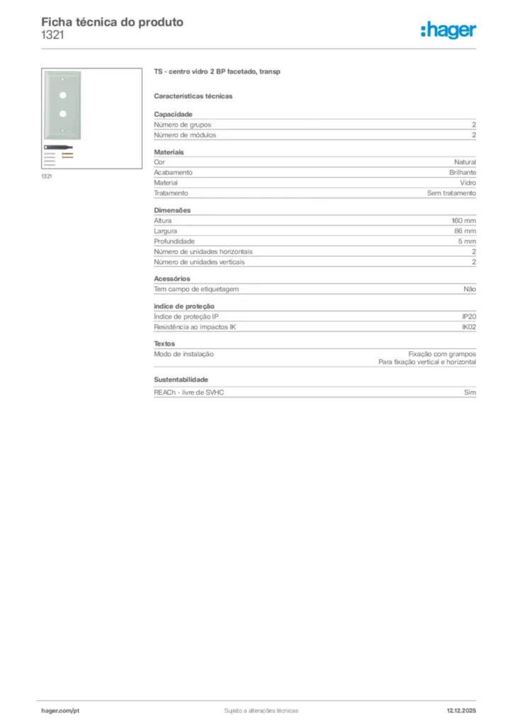 Imagem Hager Ficha técnica do produto 1321 | Hager Portugal