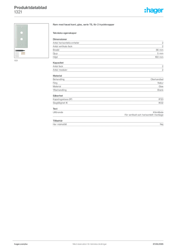 Bild Hager Produktdatablad 1321 | Hager Sverige